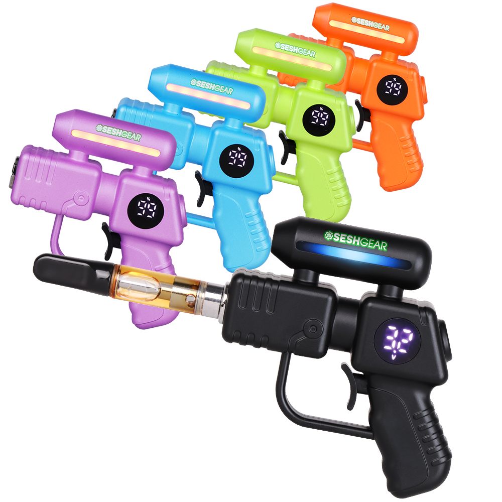 SeshGear Ray Gun 510 Cartridge Battery collection, showing all five color options (Purple, Blue, Green, Orange, and Black) with a cartridge installed in the Black model.