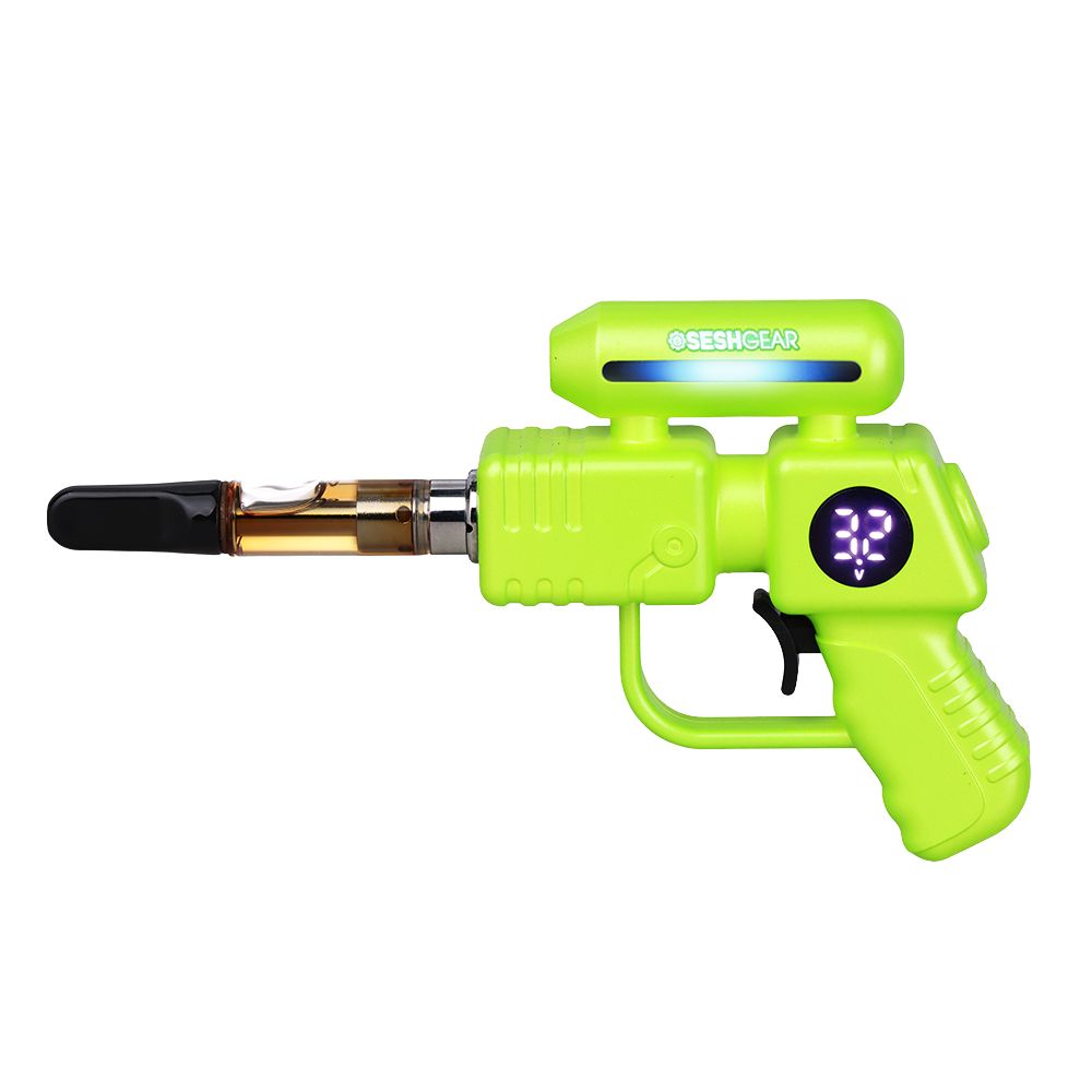 SeshGear Ray Gun in Neon Green, demonstrating the distinct visual profile and ergonomic balanced weight of the "ray gun" shaped vaporizer.