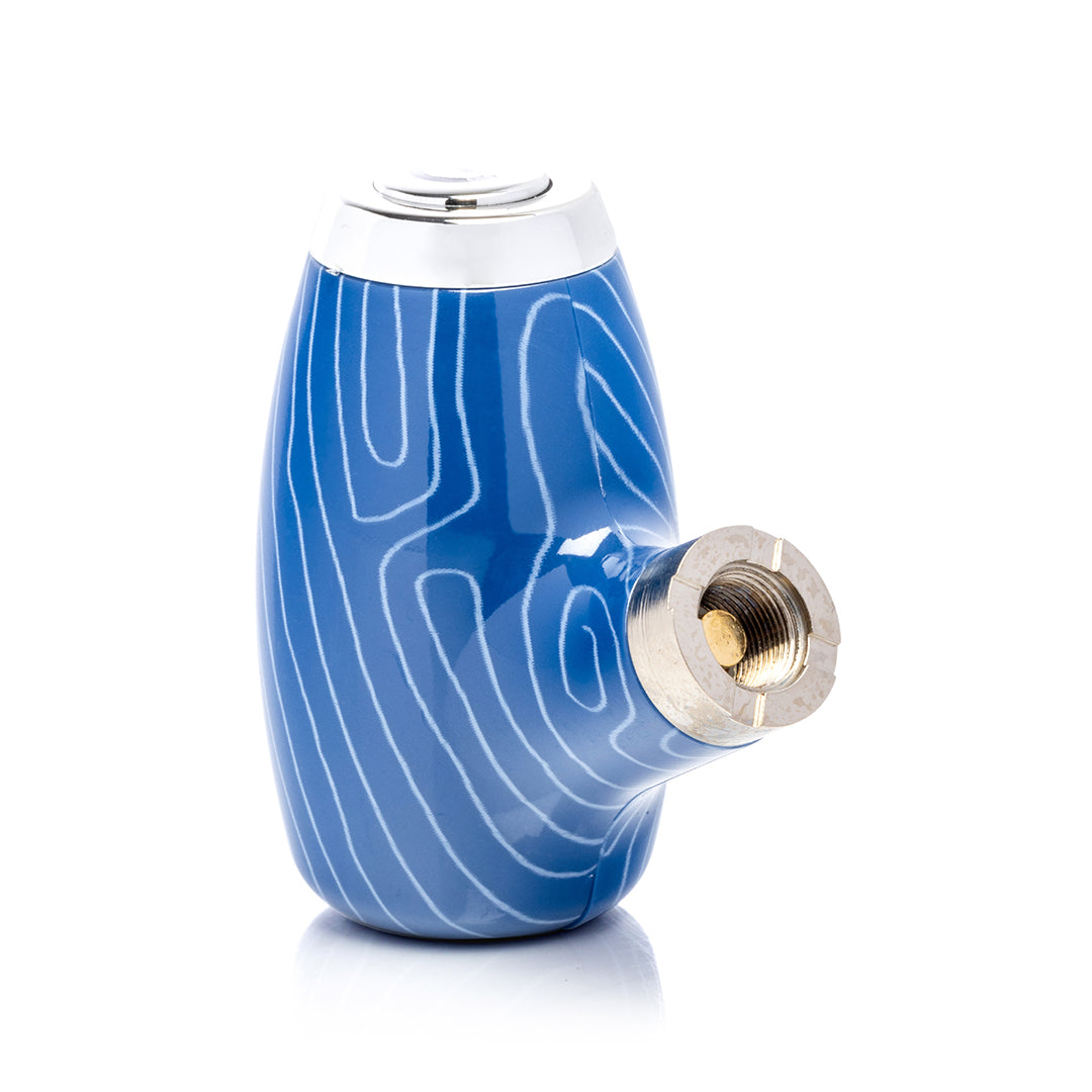 Angled view of the Bong Bros Blue topographic Sherlock pipe battery, showing the recessed 510 thread port designed to hold vape cartridges securely.