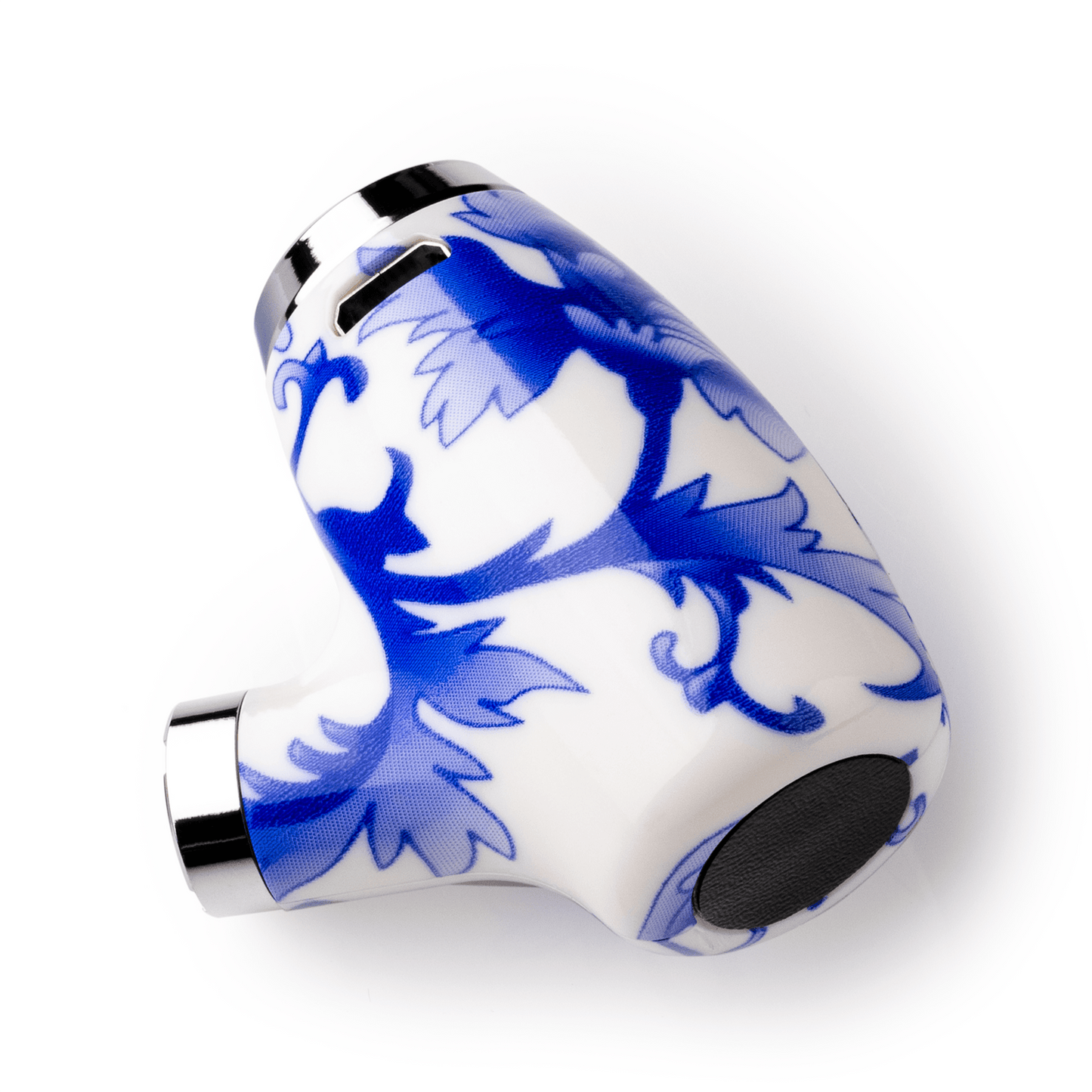 Vintage-inspired blue and white floral porcelain-style 510 thread pipe battery, featuring an elegant filigree pattern and a classic Sherlock handheld shape.
