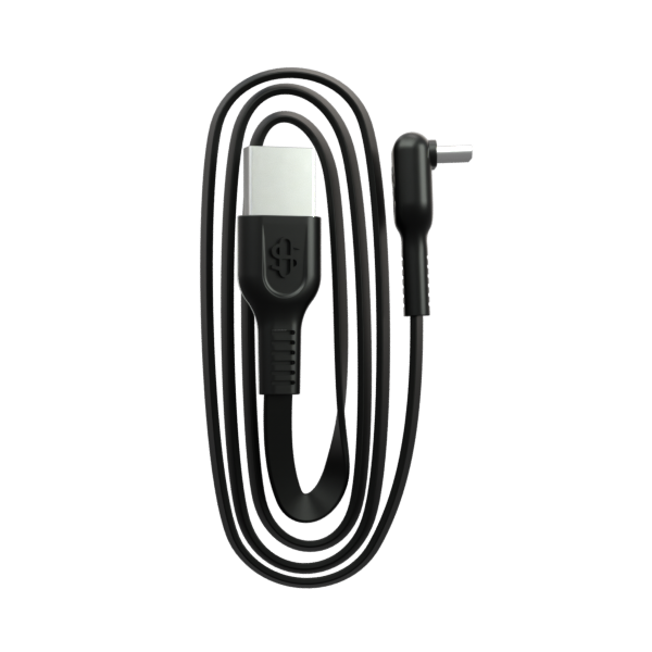 A close-up studio product shot highlighting the included right-angle 90-degree USB-C charging cable. The image focuses on the specialized angled connector head designed for streamlined pass-through charging without putting stress on the Modül power port.