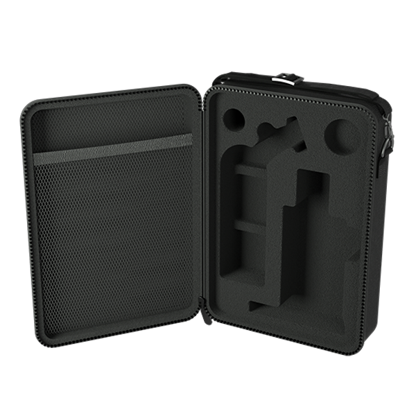 A top-down studio shot of the open Stündenglass Modül + Dok Deluxe Travel Case showing the empty custom foam insert. The image highlights the precise, form-fitting cutouts designed to isolate, cradle, and protect the Dok handle, Modül power unit, clear glass globe, heating tanks, and accessories during high-impact travel.