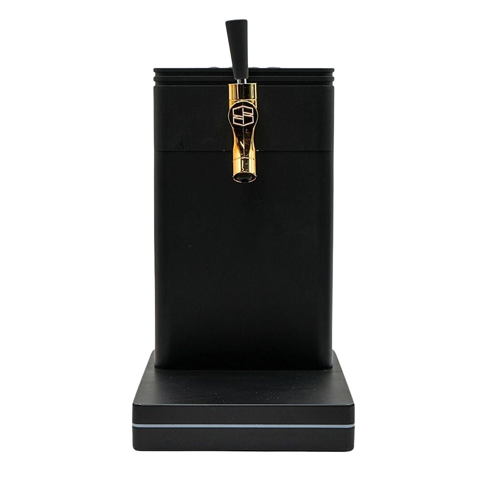 Front-facing view of the Stache Products Terp Tap in Black and Gold, showcasing the minimalist tower design and the 510-thread tap connector.