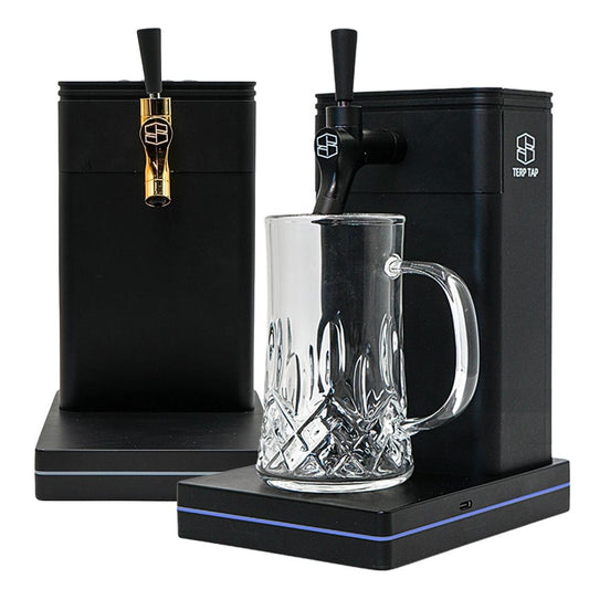 Stache Products Terp Tap Vaporizer set featuring the black tap-style 510-thread battery unit next to a version with a crystal-style glass mug on the base.