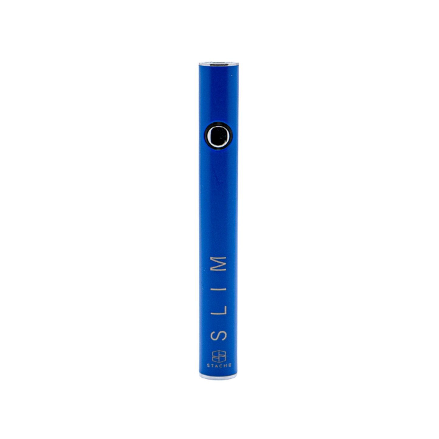 The Stache SLIM 510 Vape Battery in Blue, showcasing its ultra-thin, pen-style design and the single control button used for activation and voltage adjustment.