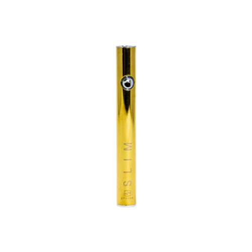 The Stache SLIM in an elegant Gold finish, showcasing the device’s high-quality sheen and minimalist aesthetic. This shot emphasizes its discrete, thin profile and universal 510-thread connection.