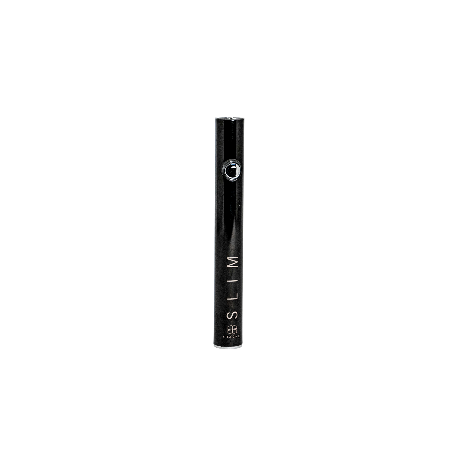 The Stache SLIM in Onyx, a deep, polished black finish. The image showcases the sleek, professional look of the battery, highlighting its durable construction and button interface.