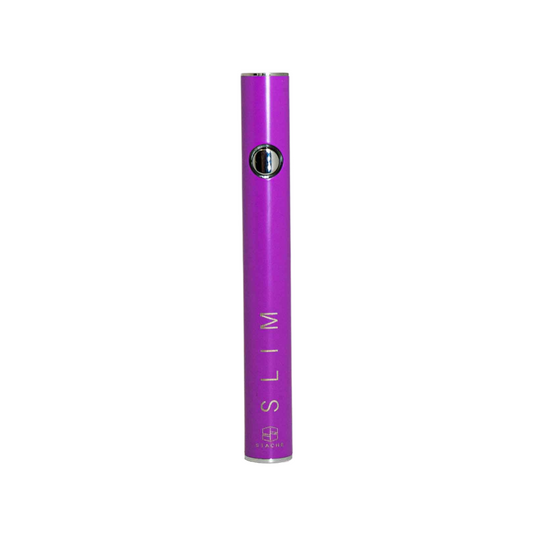 The Stache SLIM 510 Battery in Purple. The front view highlights the vibrant metallic finish and the universal 510-thread connection at the top for easy cartridge attachment.