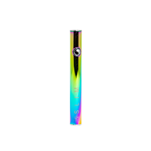 The Stache SLIM in a multi-color Rainbow PVD finish. This eye-catching colorway highlights the device's modern design, perfectly sized for on-the-go portability.