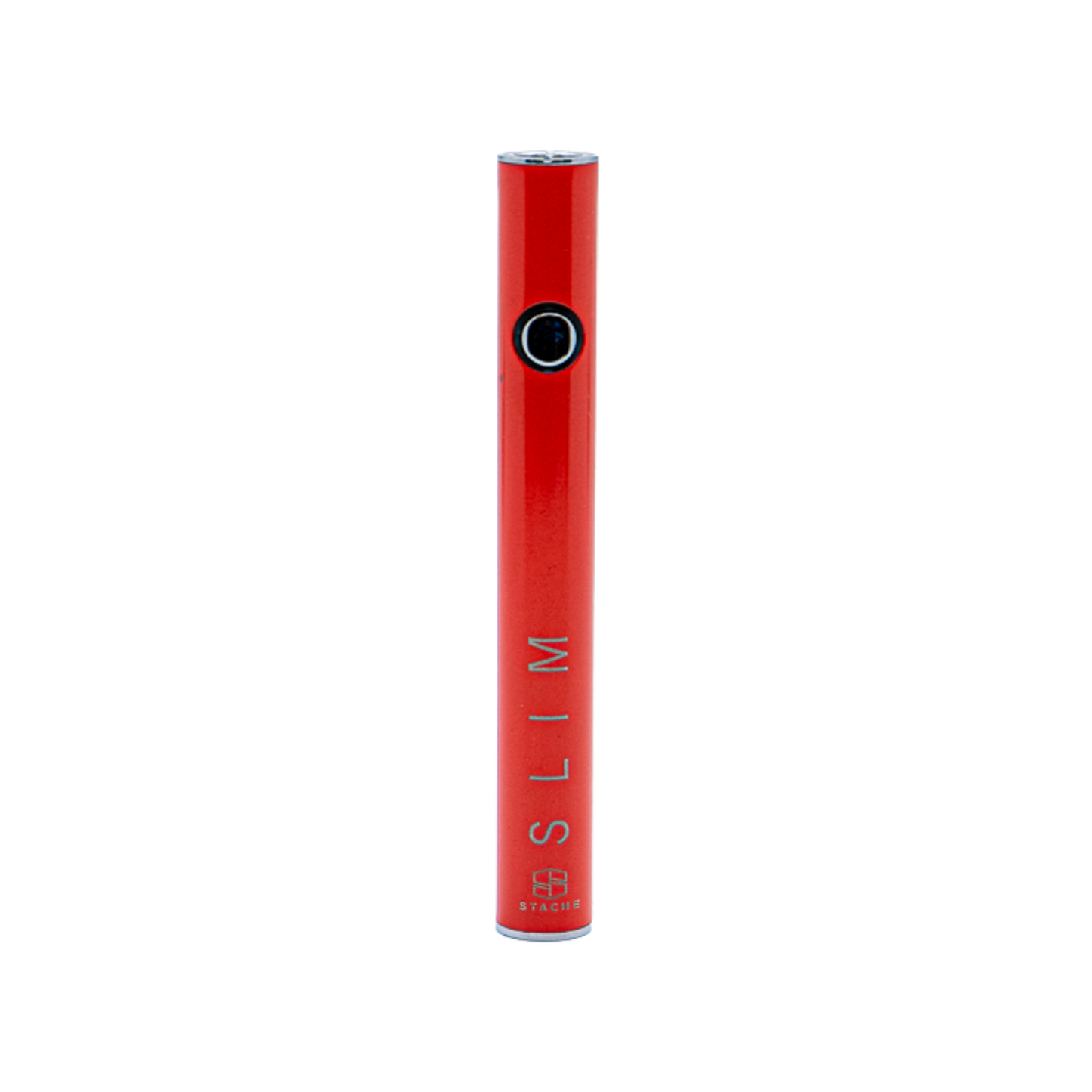 The Stache SLIM 510 Battery in a vibrant Red metallic finish. The front-view highlights the streamlined, pen-style body and the singular tactile button used for variable voltage control and pre-heat activation.