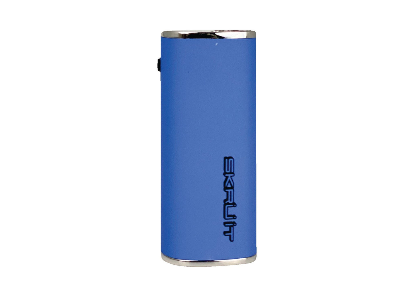 The Stache Skruit in Blue, front view. This shot emphasizes the compact, pocket-friendly form factor and the singular tactile firing button.