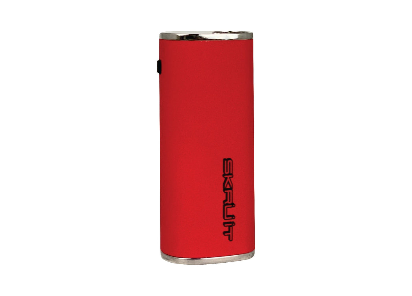 The Stache Skruit in Red, front view. This vibrant colorway showcases the large top opening designed to accommodate wider 510-thread cartridges.