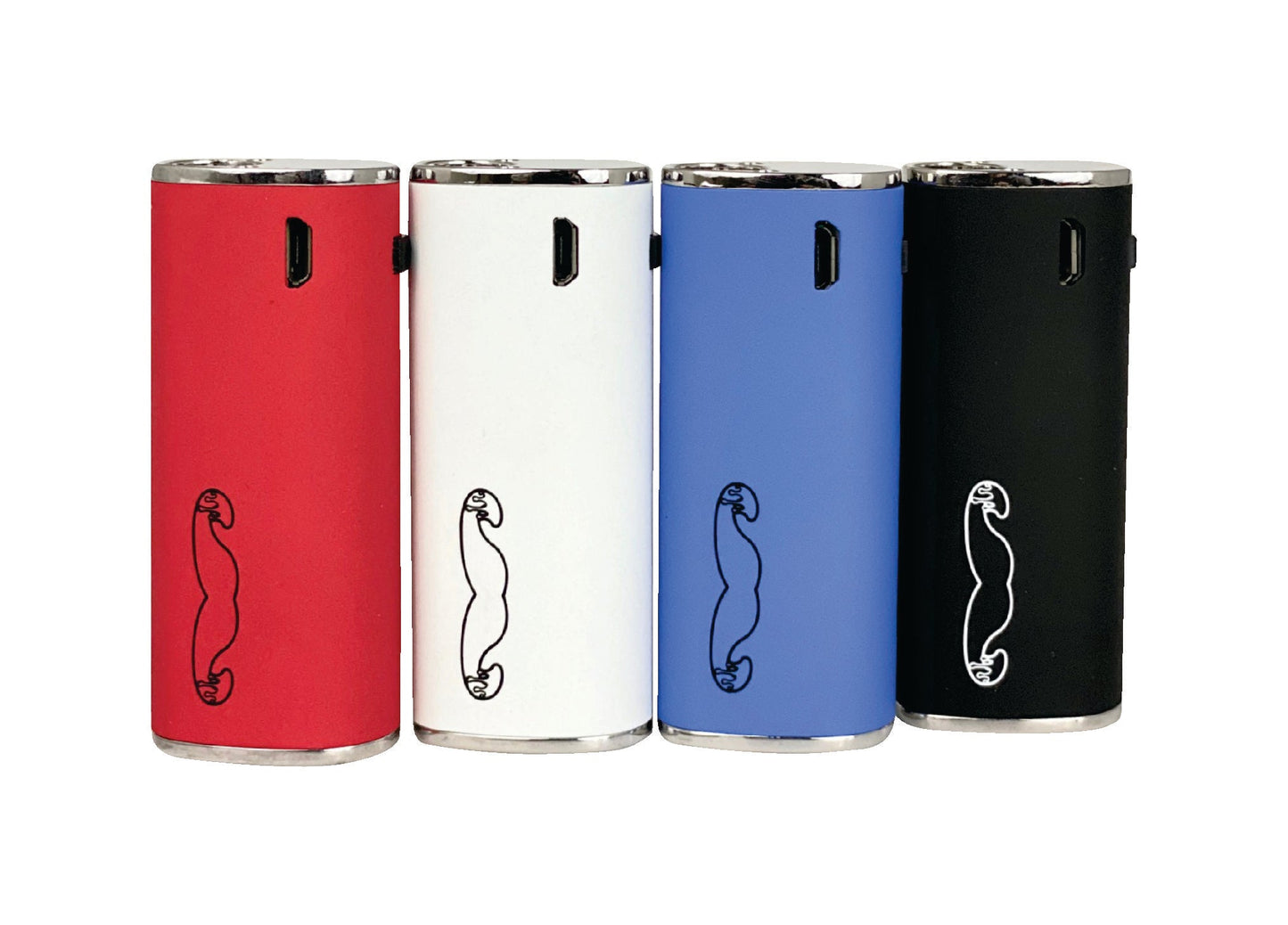 A group shot of the Stache Skruit 510 Battery in Red, White, Blue, and Black. This rear view showcases the Micro USB charging ports and the official Stache logo on each device.