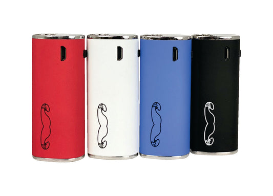 A group shot of the Stache Skruit 510 Battery in Red, White, Blue, and Black. This rear view showcases the Micro USB charging ports and the official Stache logo on each device.