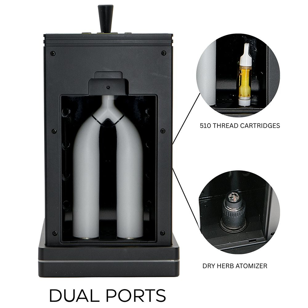 Close-up of the Stache Terp Tap's internal dual-port system, showing compatibility with 510-thread cartridges and the included dry herb atomizer.