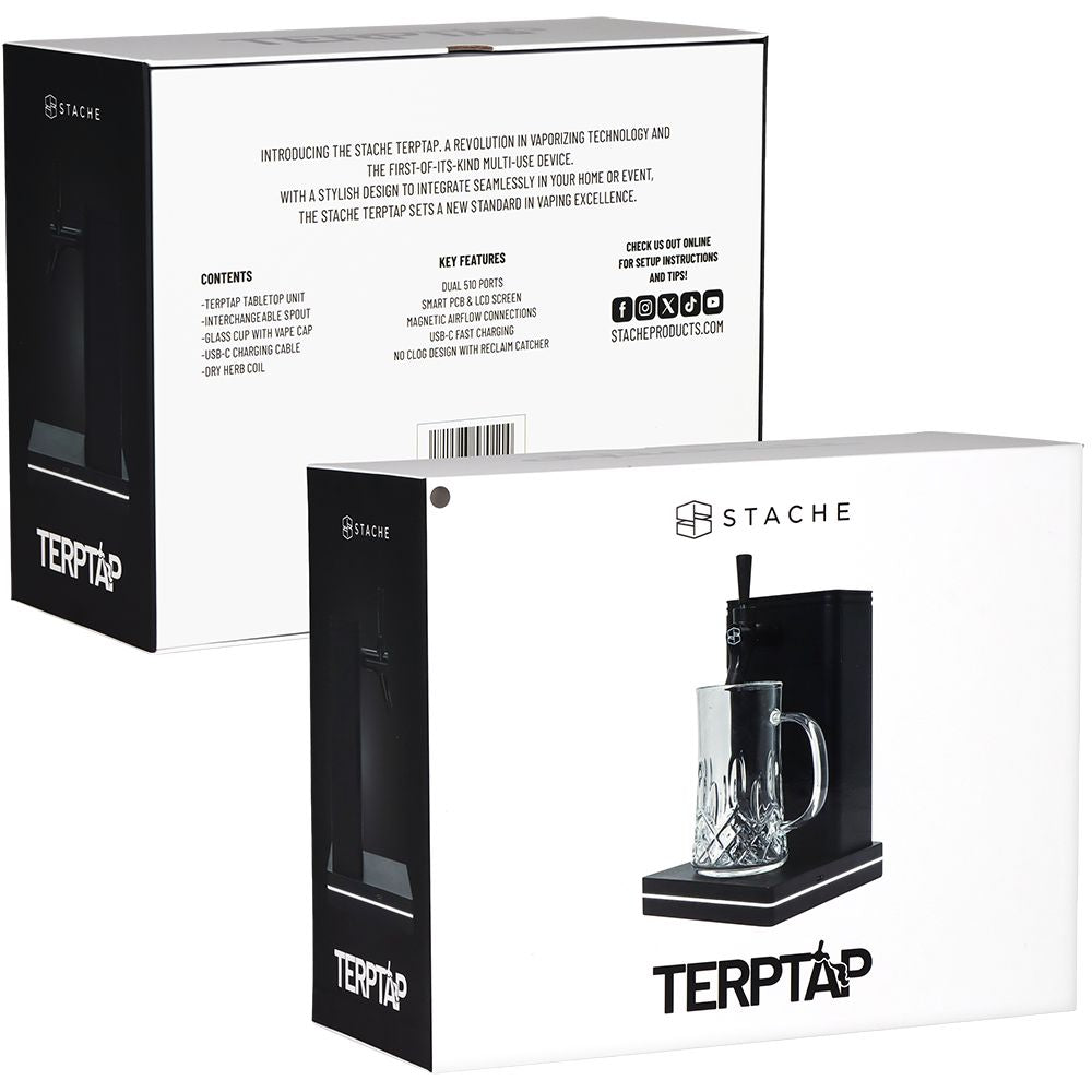 The back of the Stache Terp Tap retail packaging, listing key features like USB-C fast charging, dual 510 ports, and smart PCB screen.