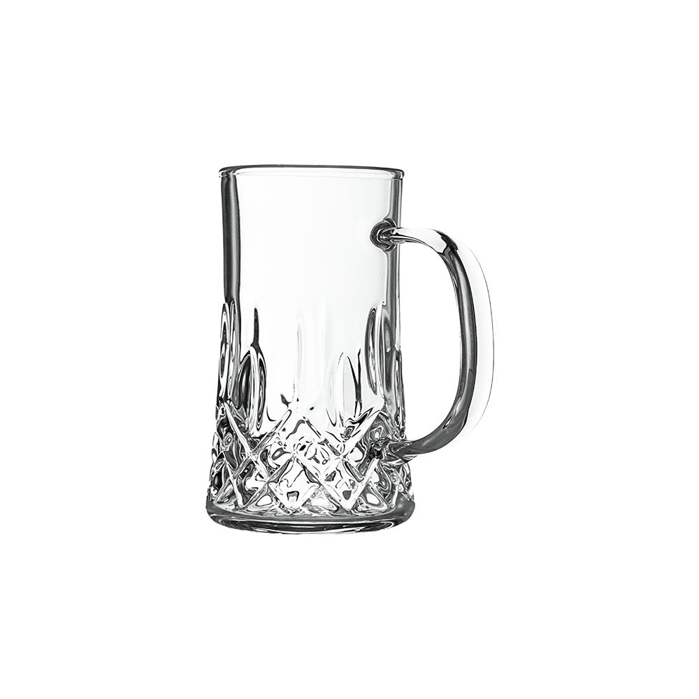 Close-up of the included crystal-glass mug for the Stache Terp Tap, featuring a textured diamond pattern base and ergonomic handle.