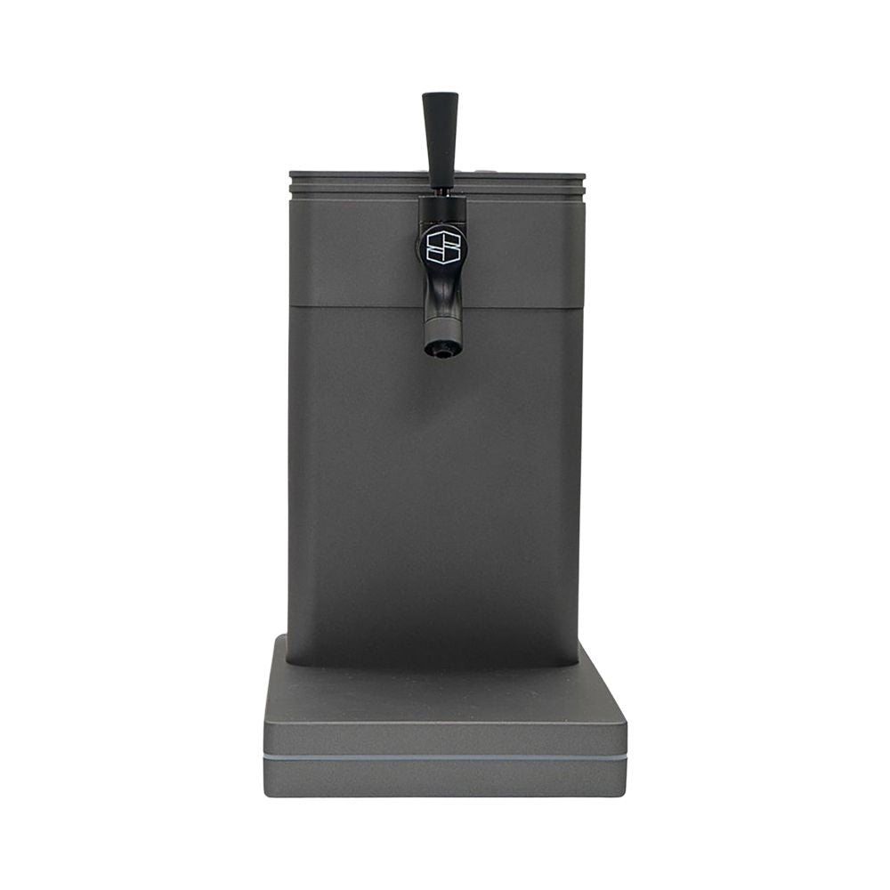 Front view of the Stache Terp Tap portable desktop vaporizer in a sleek slate grey finish, featuring a tap-style spout and sturdy base.