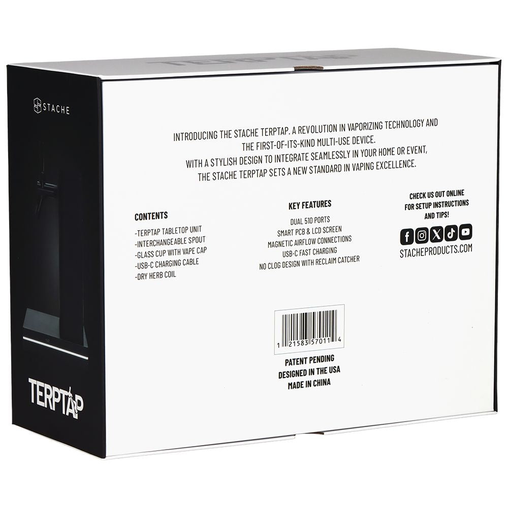 The back of the Stache Terp Tap retail packaging, listing key features like USB-C fast charging, dual 510 ports, and smart PCB screen.