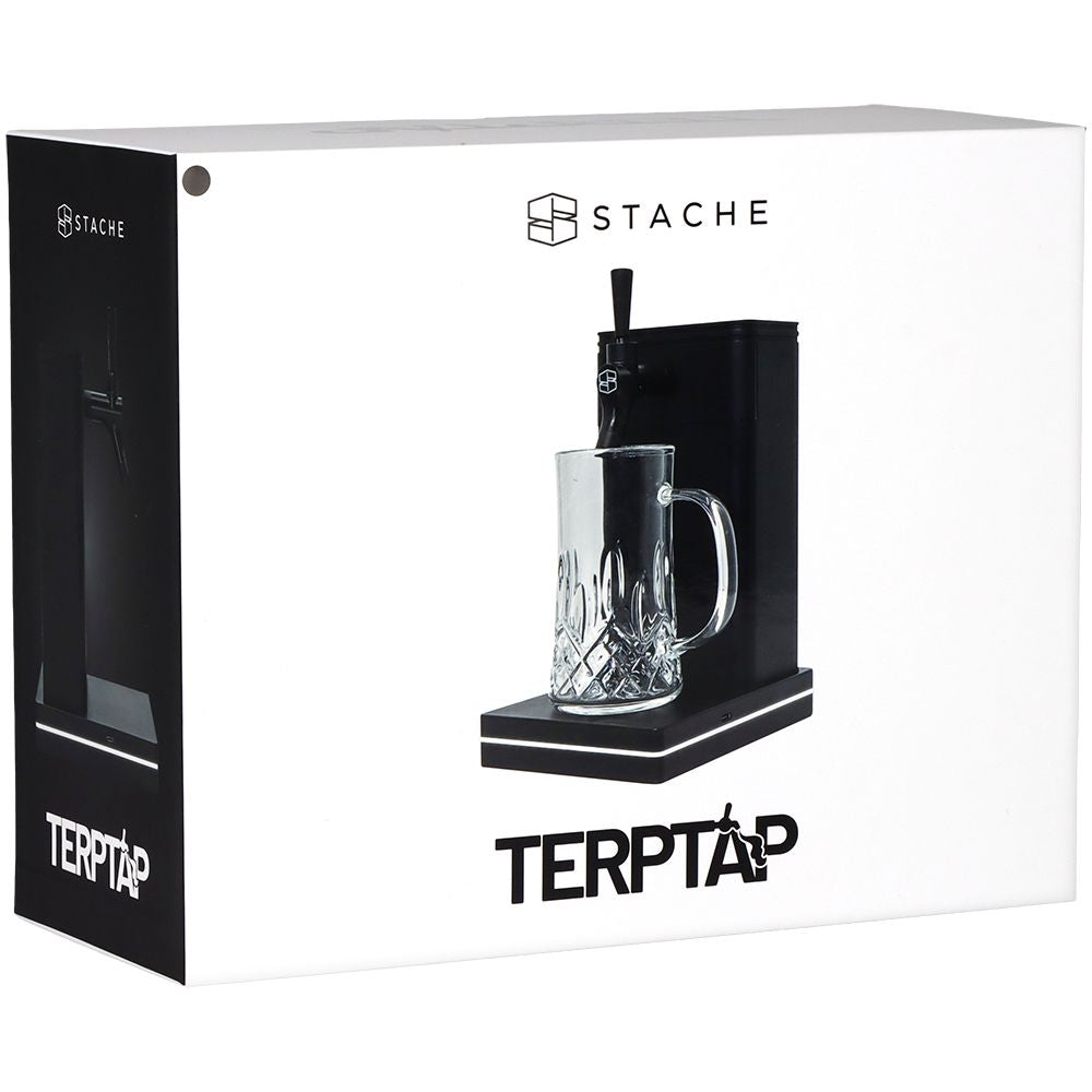 Front view of the official Stache Terp Tap retail box, featuring high-quality product photography and branding.