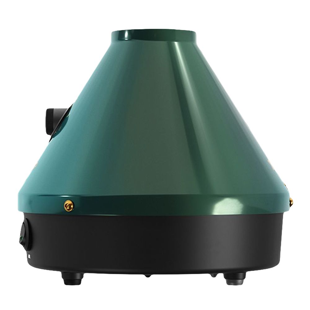 A clean side-profile studio shot of the Storz & Bickel 25-Year Green & Gold Volcano Classic. This view emphasizes the iconic, tapering conical shape of the vaporizer, showing the smooth, clean lines of the emerald green metal finish and the precise orientation of the heating chamber housing at the very top of the desktop unit.