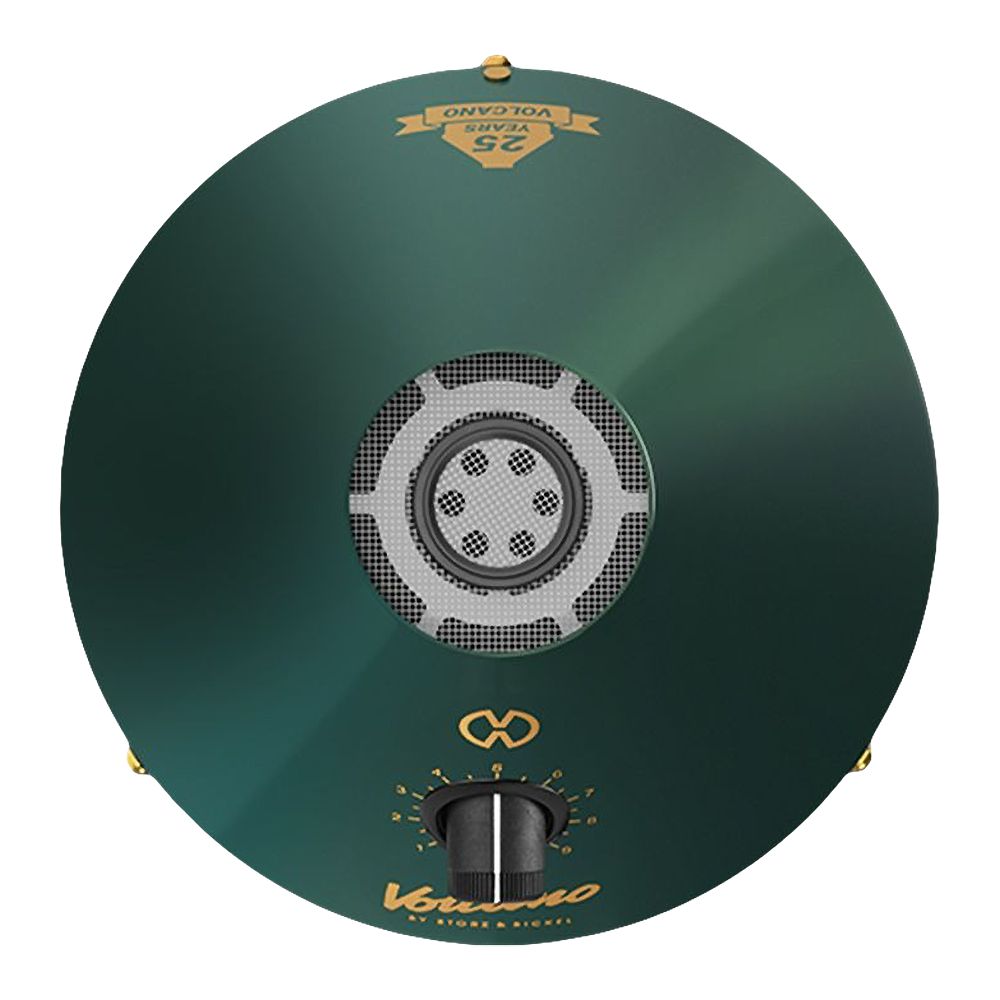 A high-angle, top-down studio shot looking directly down at the Storz & Bickel Volcano Classic 25-Year Anniversary Vaporizer. The view highlights the circular metal heating core opening at the peak of the emerald green cone, surrounded by precise gold branding, and provides a clear look at the upper layout of the mechanical dials and switches at the base.
