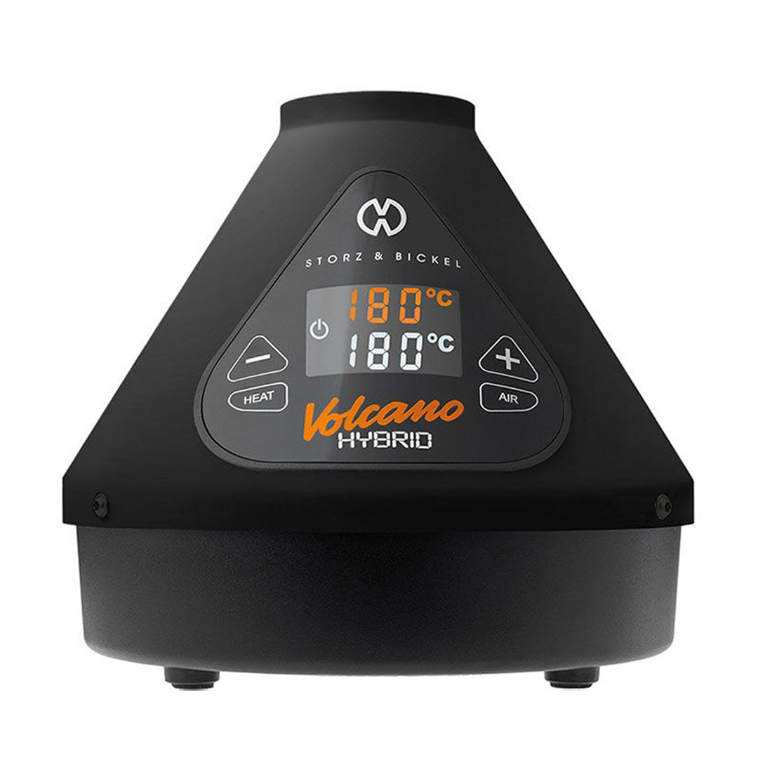 A detailed studio product shot displaying the Storz & Bickel Volcano Hybrid Desktop Vaporizer in the premium Onyx colorway. The image highlights the stealthy, matte black scratch-resistant powder-coated finish of the conical metal chassis, emphasizing its modern aesthetic, vibrant orange digital touch interface, and elite tabletop profile.