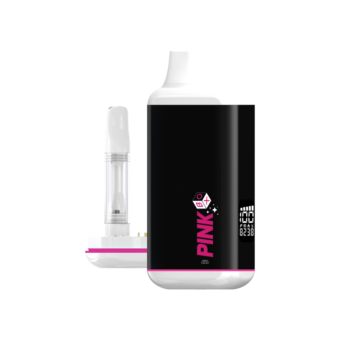 The Pink Box 510 Battery in Black with signature Pink Formula branding. The image shows the device next to its magnetic base, which has a 510-thread cartridge installed, demonstrating how the cartridge is securely housed inside the protective body.