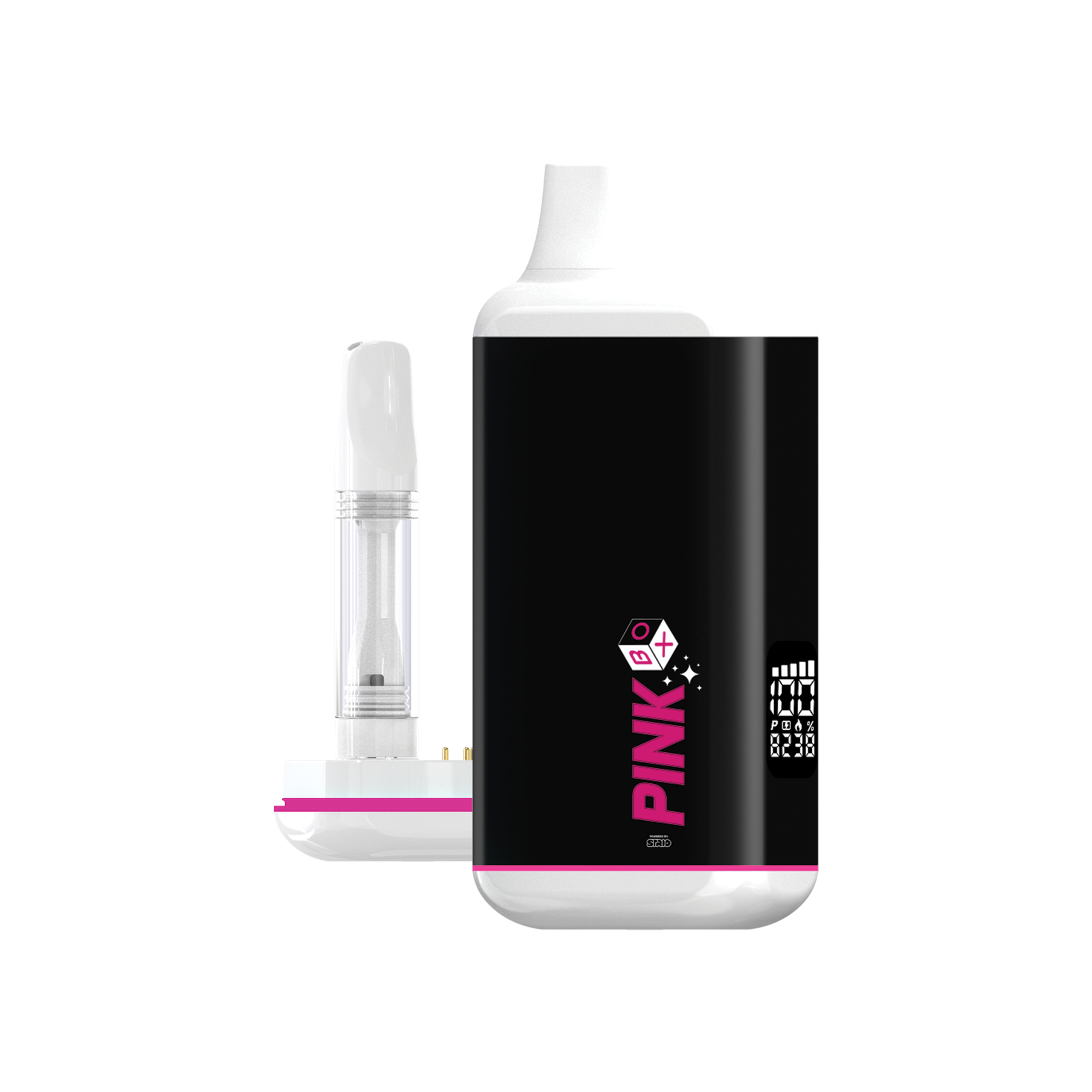 The Pink Box 510 Battery in Black with signature Pink Formula branding. The image shows the device next to its magnetic base, which has a 510-thread cartridge installed, demonstrating how the cartridge is securely housed inside the protective body.