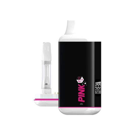 The Pink Box 510 Battery in Black with signature Pink Formula branding. The image shows the device next to its magnetic base, which has a 510-thread cartridge installed, demonstrating how the cartridge is securely housed inside the protective body.