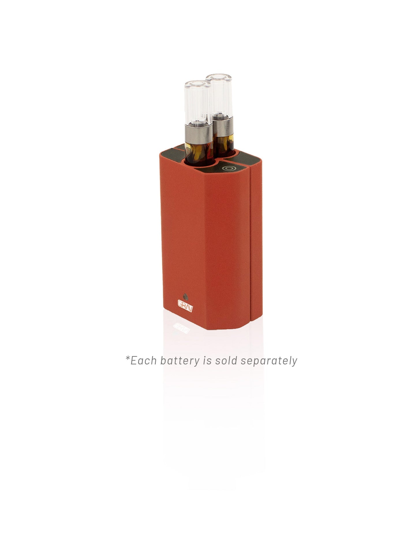 A completed GRAV® Gem-in-Eye dual-cartridge setup, showcasing how two magnetic batteries pair to hit two 510 cartridges at once.
