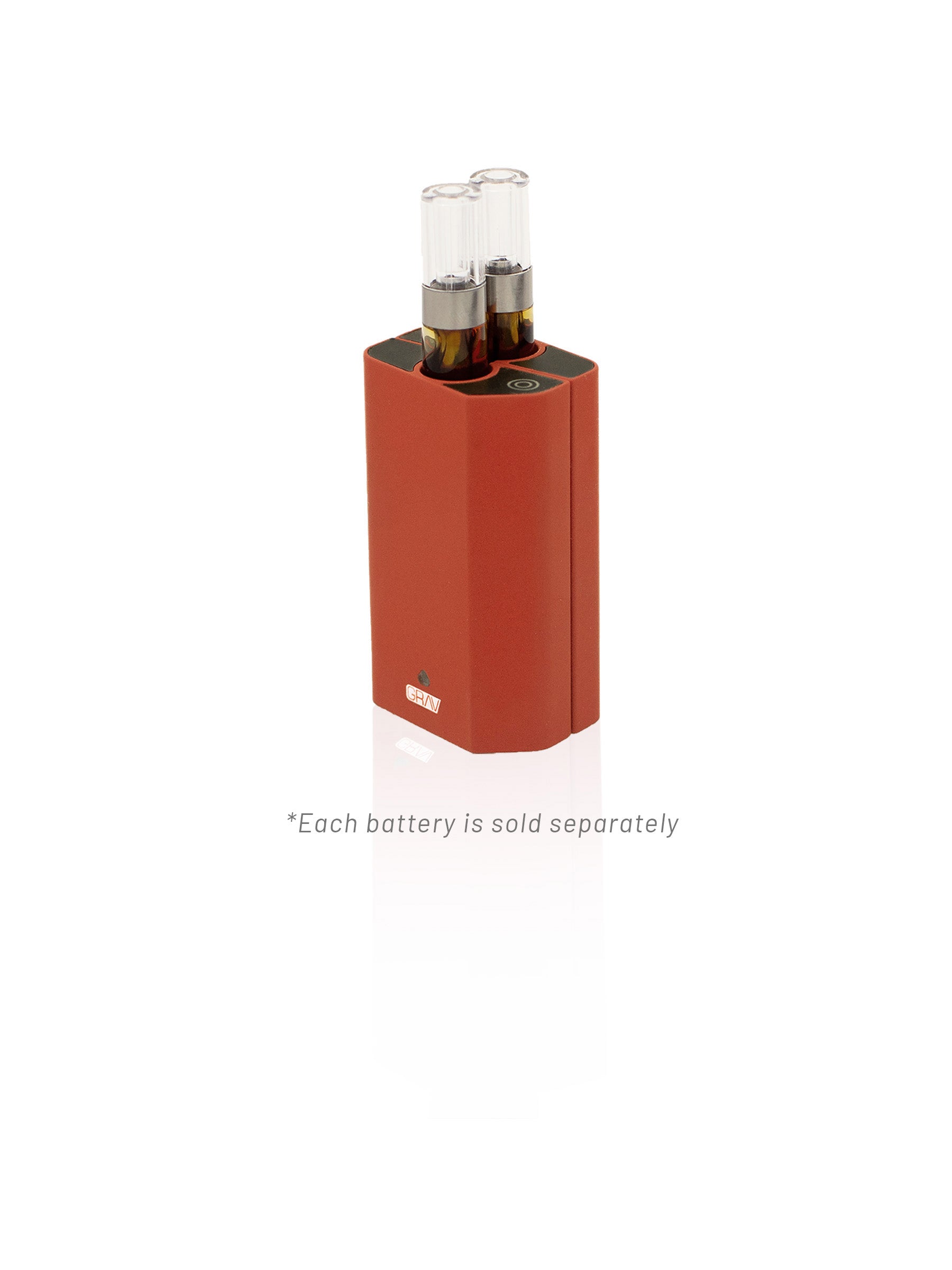 A completed GRAV® Gem-in-Eye dual-cartridge setup, showcasing how two magnetic batteries pair to hit two 510 cartridges at once.