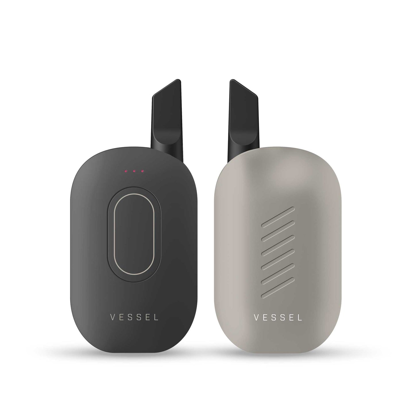 A clean studio product shot displaying two Vessel Compass Mojave vape batteries side-by-side for a complete 360-degree layout view. The device on the left faces directly forward, detailing the sleek central control button, the 3-LED array, and an installed 510 oil cartridge. The matching device on the right is turned around, emphasizing the smooth, unibody back panel and the uniform matte sand-gold finish.