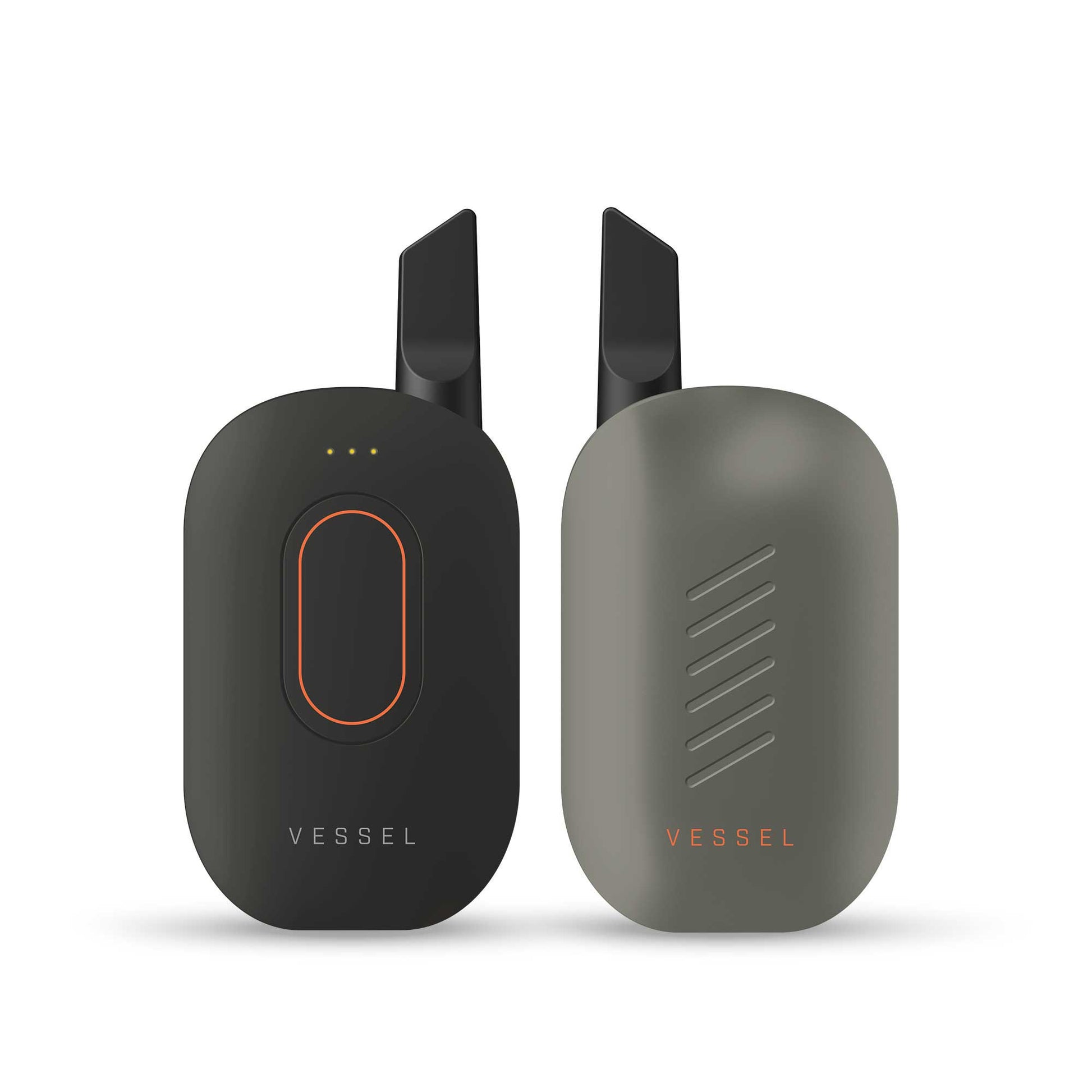 A clean studio product shot displaying two Vessel Compass Yosemite vape batteries side-by-side to showcase a full 360 view. The device on the left faces forward, showing the sleek firing button, LED battery array, and an installed 510 oil cartridge. The device on the right is turned around, highlighting the completely smooth, unibody back panel and the pristine forest green finish.