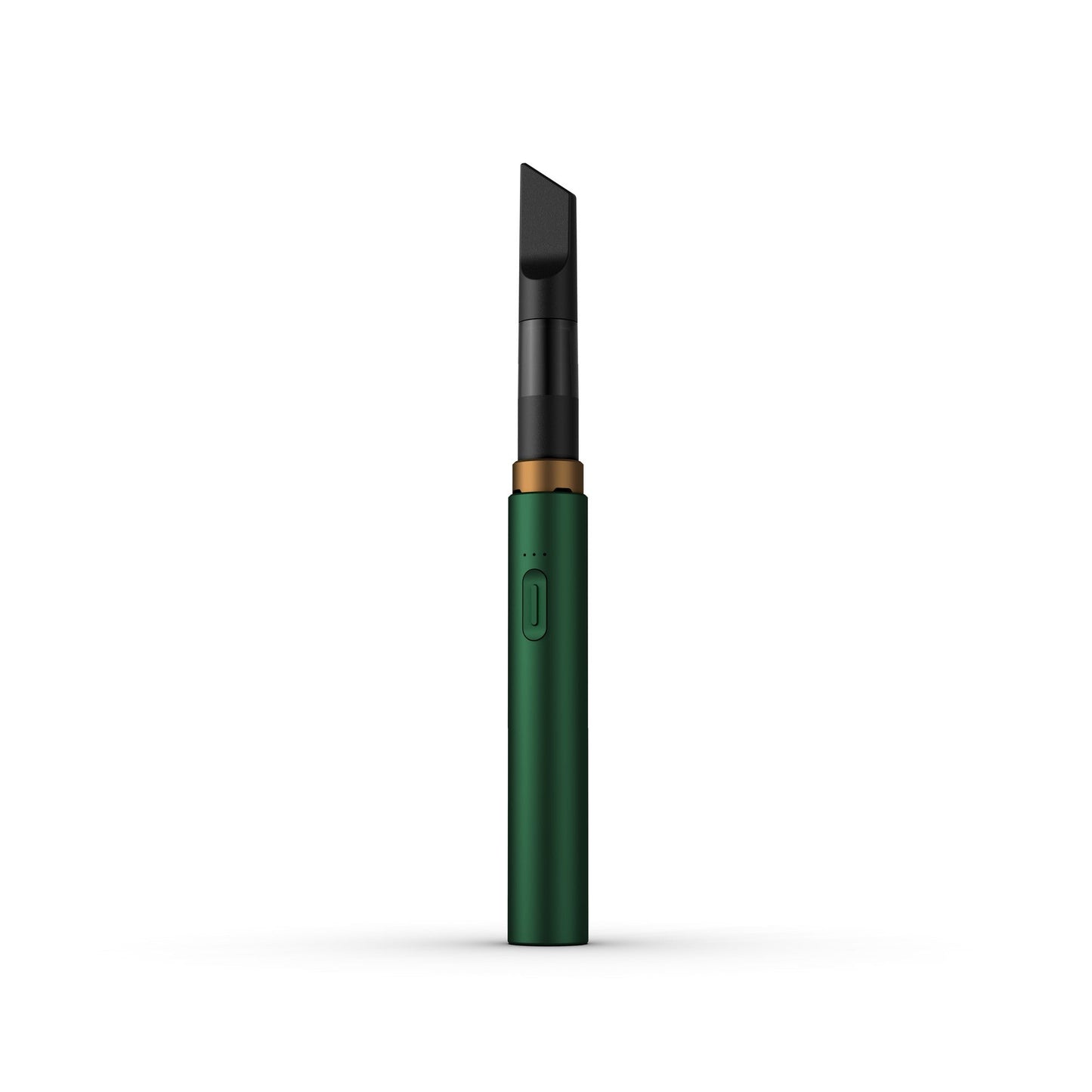 A clean, front-facing studio product shot of the Vessel Core 510 vape battery in Emerald. The ultra-slim, compact stick pen stands perfectly vertical, highlighting its smooth, rich green anodized aluminum finish, the centralized silver power button, the 3-LED indicator array right above it, and the signature wide 510 connection crown at the top housing an installed clear glass oil cartridge.