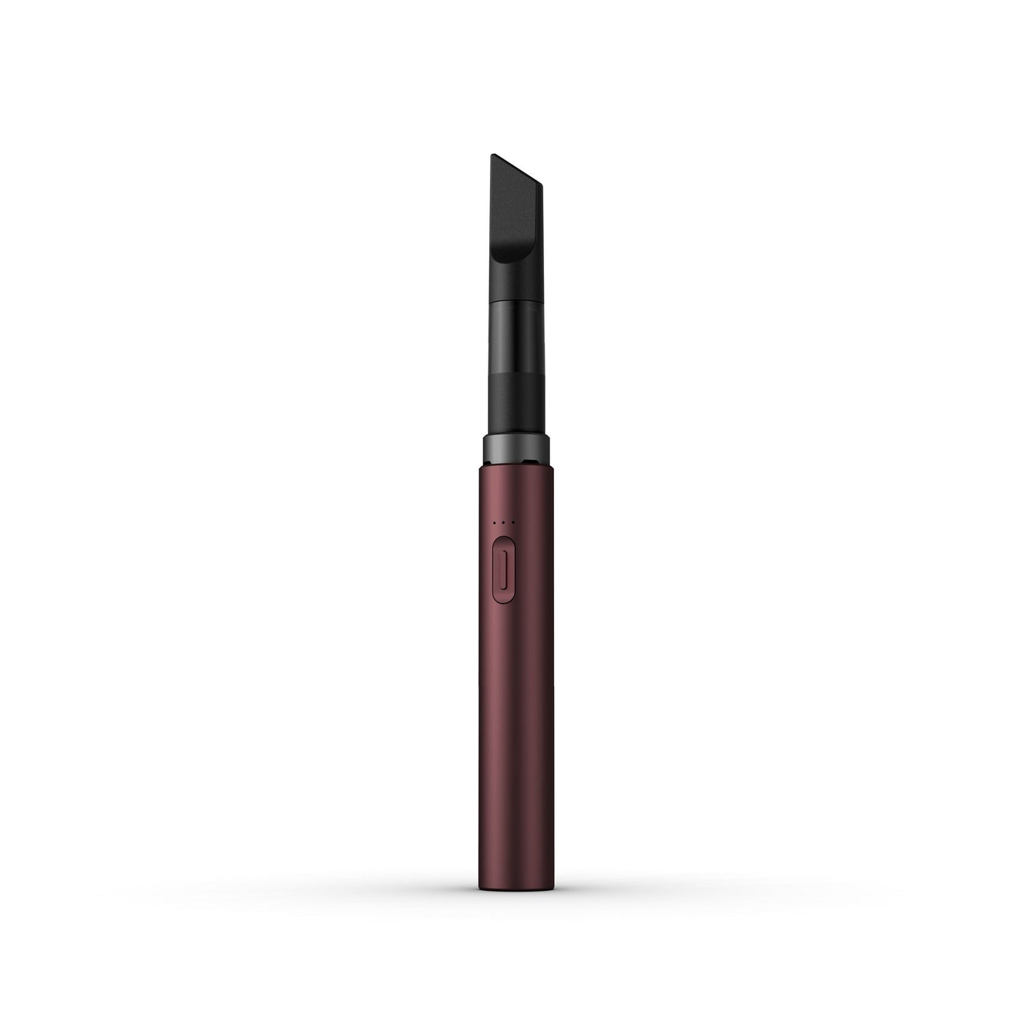A clean, front-facing studio product shot of the Vessel Core 510 vape battery in Merlot. The ultra-slim, compact stick pen stands perfectly vertical, highlighting its smooth, rich red anodized aluminum finish, the centralized silver power button, the 3-LED indicator array right above it, and the signature wide 510 connection crown at the top housing an installed clear glass oil cartridge.