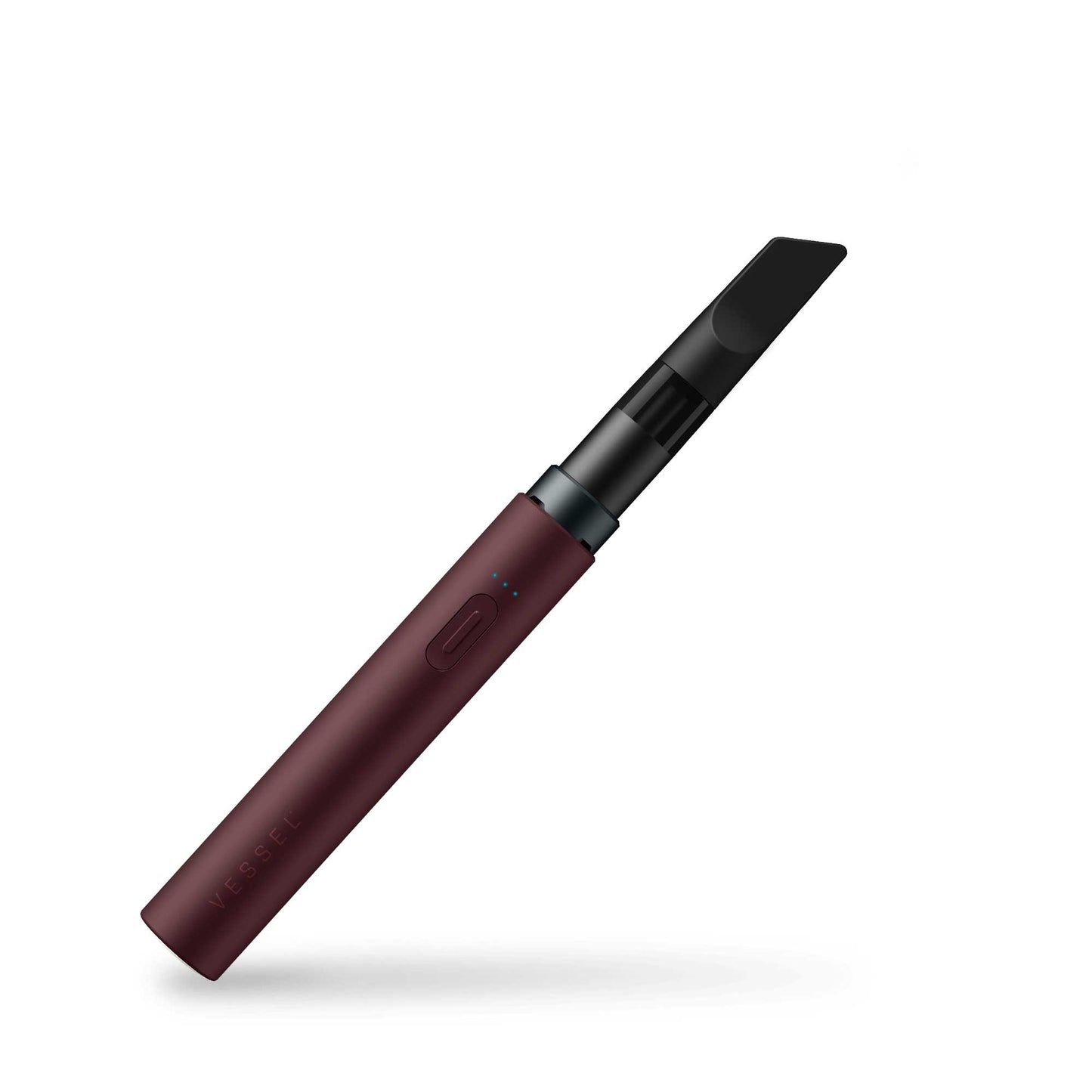 A crisp studio product shot of the Vessel Core 510 thread battery in Merlot shown at a front-slanted angle. The view emphasizes the sleek, cylindrical profile of the compact device, capturing the elegant contrast between the deep wine-red matte chassis, the polished silver control button, and a pre-filled 510 oil cartridge seated completely flush on the wide top connection crown.