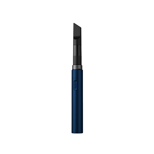 A clean, front-facing studio product shot of the Vessel Core 510 vape battery in Navy. The ultra-slim, compact stick pen stands perfectly vertical, highlighting its smooth, deep blue anodized aluminum finish, the centralized silver power button, the 3-LED indicator array right above it, and the signature wide 510 connection crown at the top housing an installed clear glass oil cartridge.