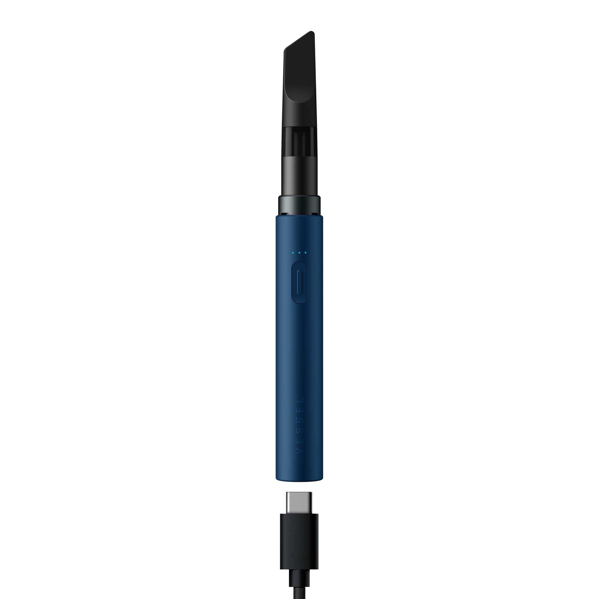 A detailed studio product shot of the Vessel Core 510 vape battery in Navy displaying its bottom charging port. The deep blue device stands vertically with an installed 510 cartridge, showing a black USB-C cable being plugged into the high-efficiency Type-C port located cleanly on the base of the aluminum frame.