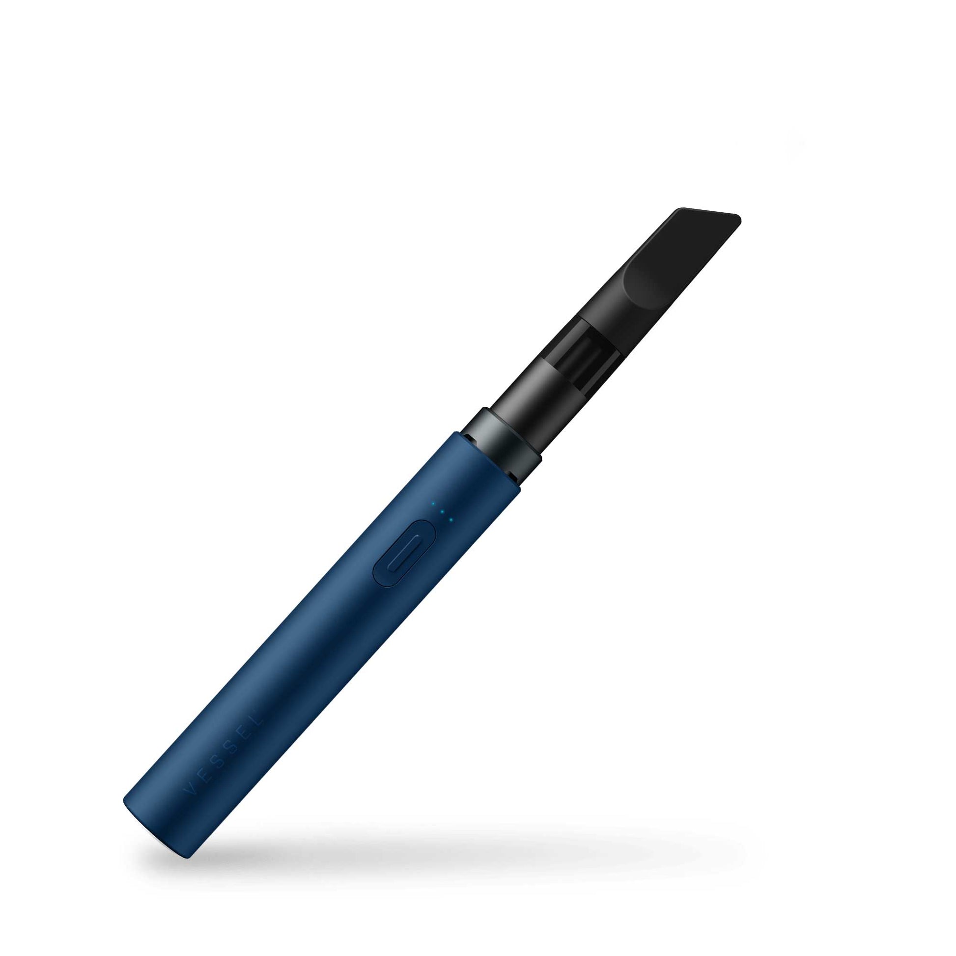 A crisp studio product shot of the Vessel Core 510 thread battery in Navy shown at a front-slanted angle. The view emphasizes the sleek, cylindrical profile of the compact device, capturing the elegant contrast between the dark blue matte chassis, the polished silver control button, and a pre-filled 510 oil cartridge seated completely flush on the wide top connection crown.