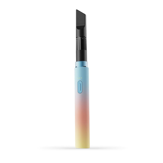A clean, front-facing studio product shot of the Vessel Core 510 vape battery in Soleil. The ultra-slim, compact stick pen stands perfectly vertical, highlighting its smooth, vibrant matte yellow anodized aluminum finish, the centralized silver power button, the 3-LED indicator array right above it, and the signature wide 510 connection crown at the top housing an installed clear glass oil cartridge.
