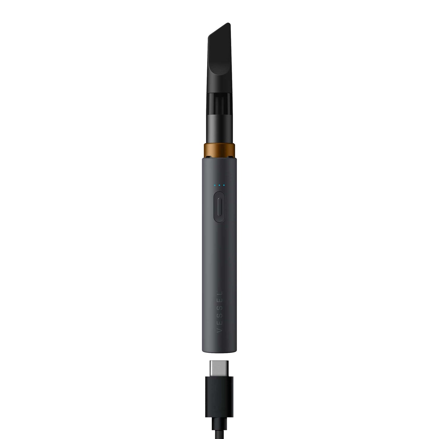 A detailed studio product shot of the Vessel Core 510 vape battery in Stone displaying its bottom charging port. The device stands vertically with an installed 510 cartridge, showing a black USB-C cable being plugged into the high-efficiency Type-C port located cleanly on the base of the matte sand-gray aluminum frame.