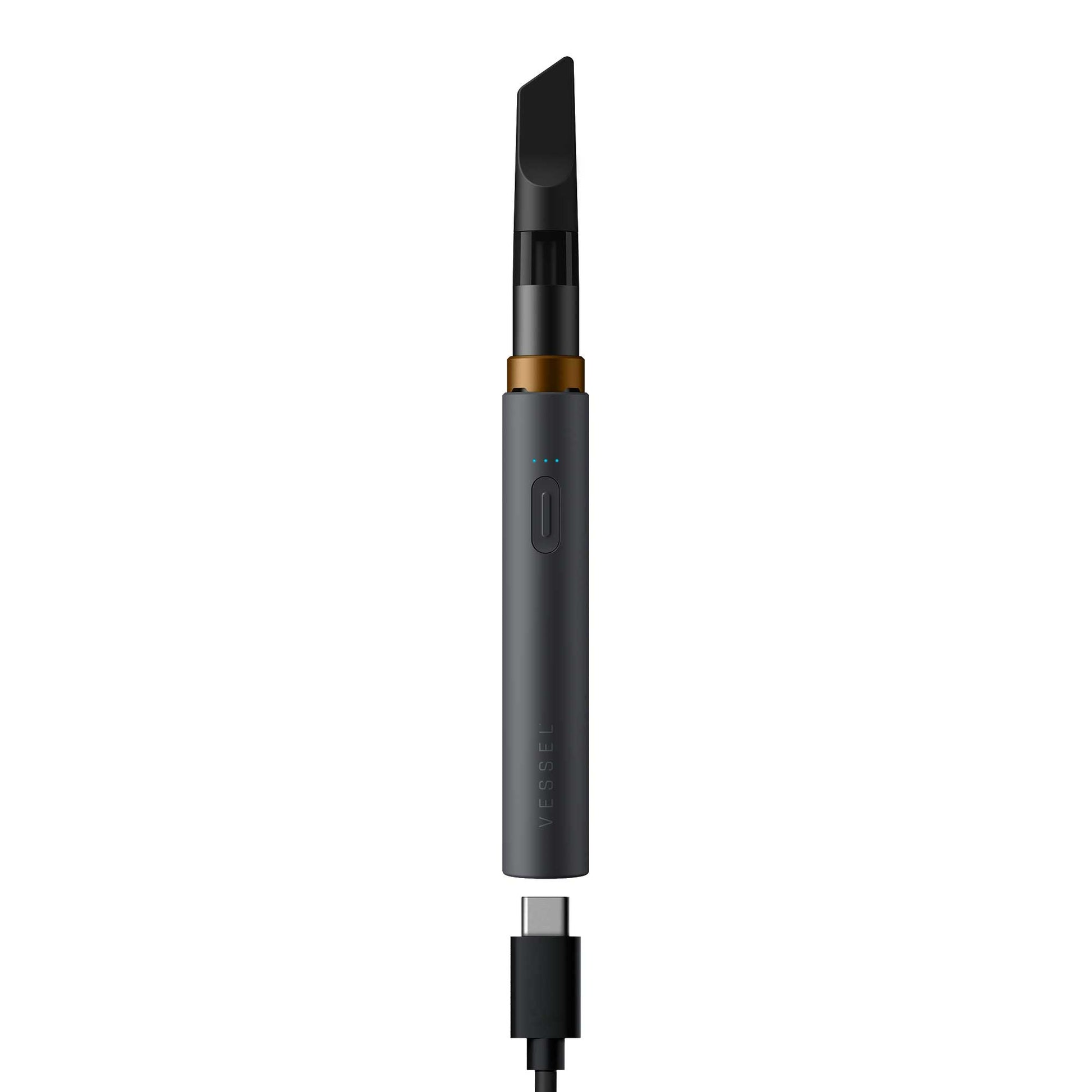 A detailed studio product shot of the Vessel Core 510 vape battery in Stone displaying its bottom charging port. The device stands vertically with an installed 510 cartridge, showing a black USB-C cable being plugged into the high-efficiency Type-C port located cleanly on the base of the matte sand-gray aluminum frame.