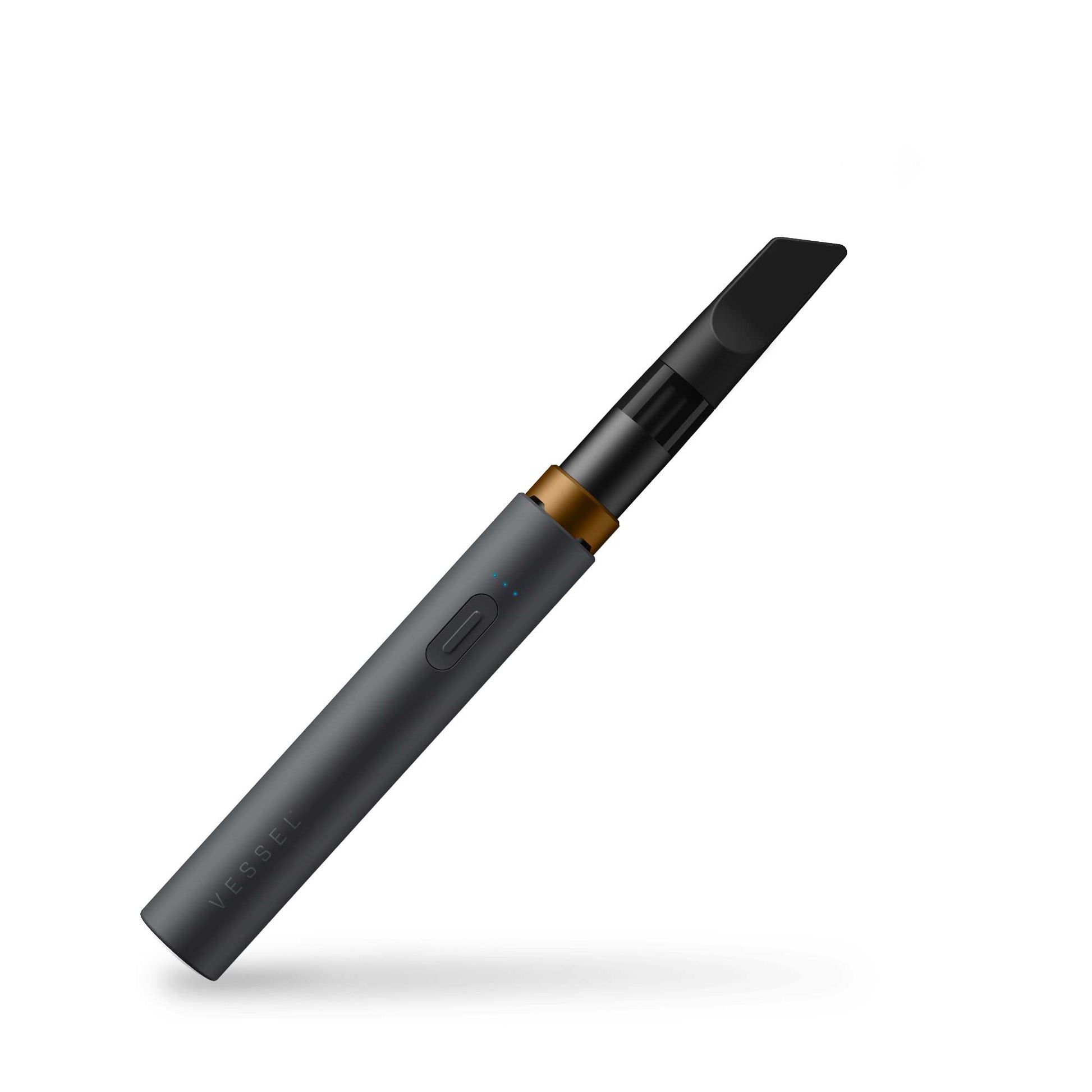 A crisp studio product shot of the Vessel Core 510 thread battery in Stone shown at a front-slanted angle. The view emphasizes the sleek, cylindrical profile of the compact device, capturing the elegant contrast between the clean matte gray chassis, the polished silver control button, and a pre-filled 510 oil cartridge seated completely flush on the wide top connection crown.