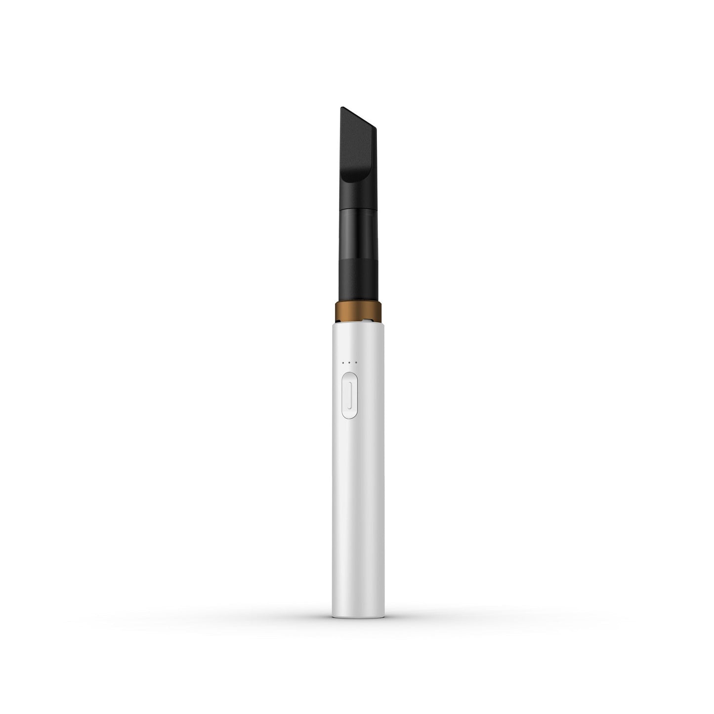 A clean, front-facing studio product shot of the Vessel Core 510 vape battery in White. The ultra-slim, compact stick pen stands perfectly vertical, highlighting its smooth, pristine matte white aluminum finish, the centralized silver power button, the 3-LED indicator array right above it, and the signature wide 510 connection crown at the top housing an installed clear glass oil cartridge.
