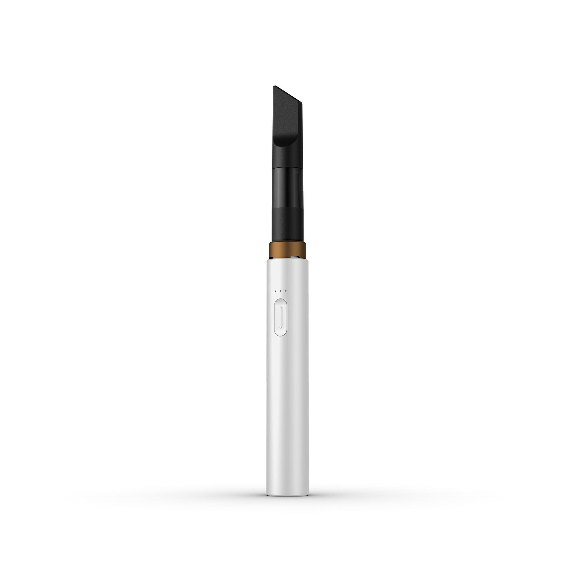 A clean, front-facing studio product shot of the Vessel Core 510 vape battery in White. The ultra-slim, compact stick pen stands perfectly vertical, highlighting its smooth, pristine matte white aluminum finish, the centralized silver power button, the 3-LED indicator array right above it, and the signature wide 510 connection crown at the top housing an installed clear glass oil cartridge.