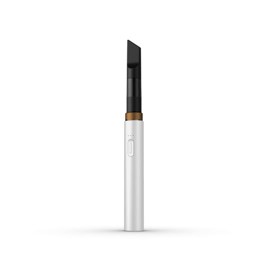 A clean, front-facing studio product shot of the Vessel Core 510 vape battery in White. The ultra-slim, compact stick pen stands perfectly vertical, highlighting its smooth, pristine matte white aluminum finish, the centralized silver power button, the 3-LED indicator array right above it, and the signature wide 510 connection crown at the top housing an installed clear glass oil cartridge.