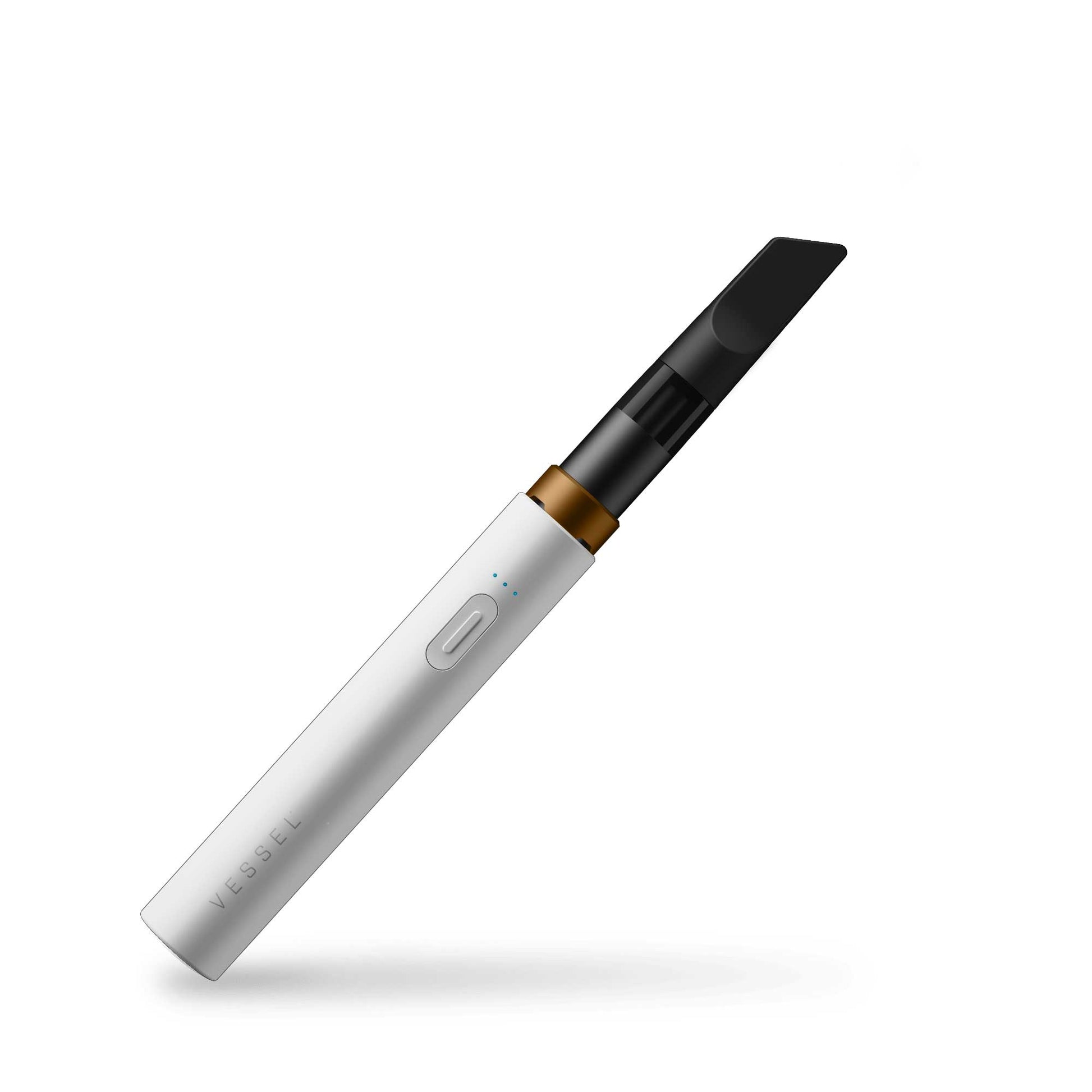 A crisp studio product shot of the Vessel Core 510 thread battery in White shown at a front-slanted angle. The view emphasizes the sleek, cylindrical profile of the compact device, capturing the elegant contrast between the bright matte white chassis, the polished silver control button, and a pre-filled 510 oil cartridge seated completely flush on the wide top connection crown.