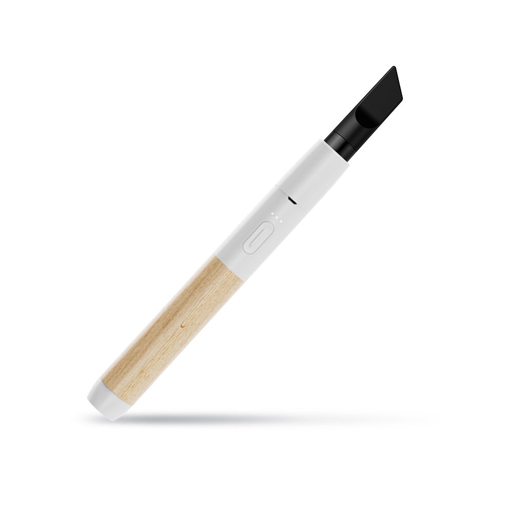 A crisp, close-up studio product shot of the Vessel Craftsman 510 vape battery in White and Beechwood shown at a front-slanted angle. The premium device stands vertically, beautifully highlighting the seamless transition between its smooth matte white aluminum upper half and the warm, textured grain of the genuine beechwood handle on the lower half. A silver display cartridge is visible inside the top drop-in collar.