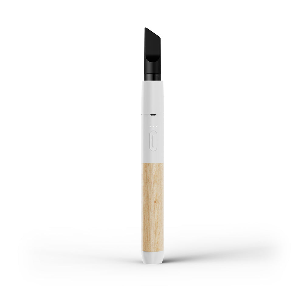 A clean, front-facing studio product shot of the Vessel Craftsman vape pen in White and Beechwood. The device stands perfectly straight, detailing the precise centralized placement of the tactile silver power button, the 3-LED battery life indicator array just below it, and the rich, light-colored natural wood grain pattern of the lower grip.